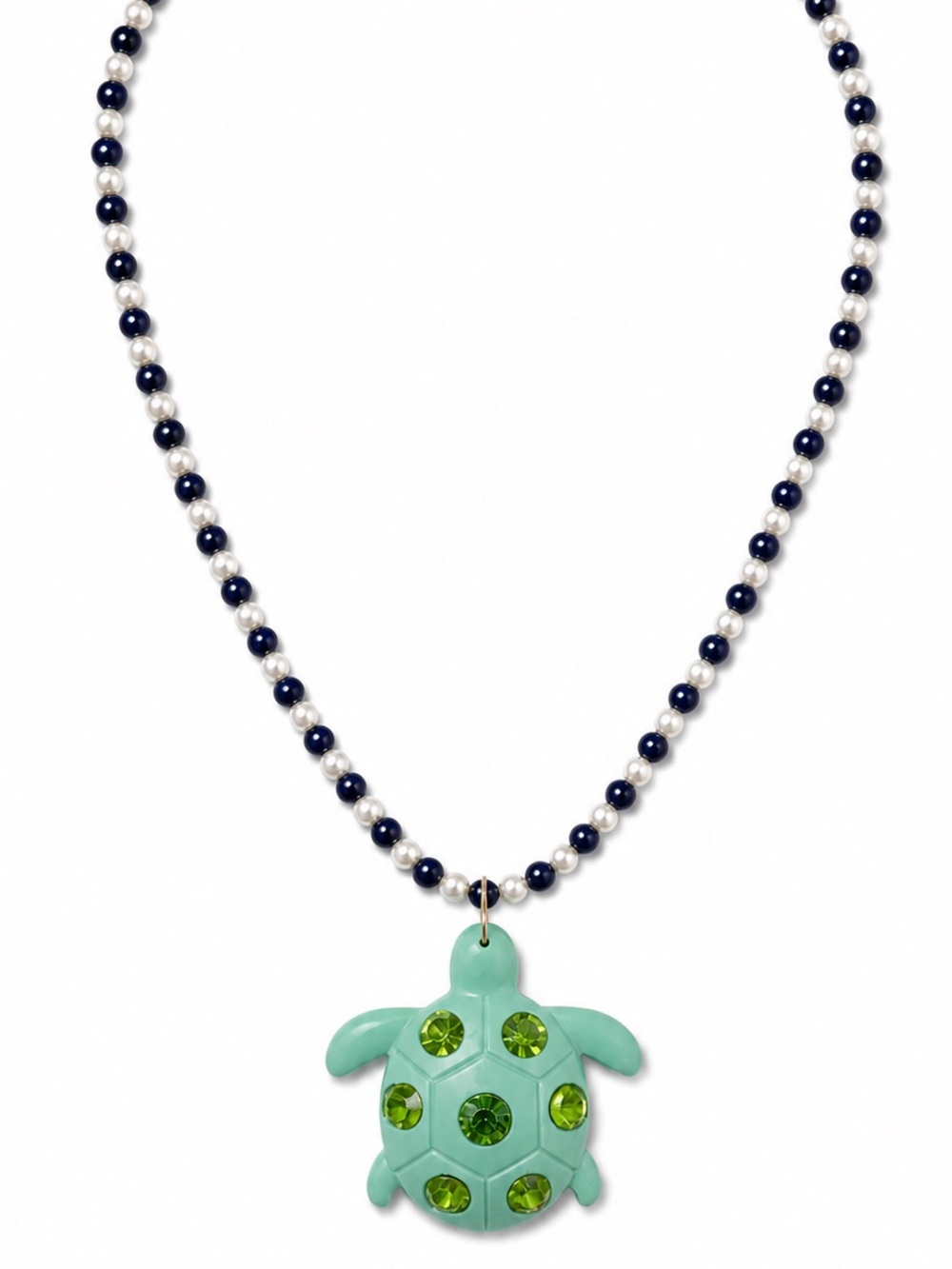 Green Turtle Resin Pendant Necklace on Navy and Pearl Beaded Chain 18" - Picture 1 of 2